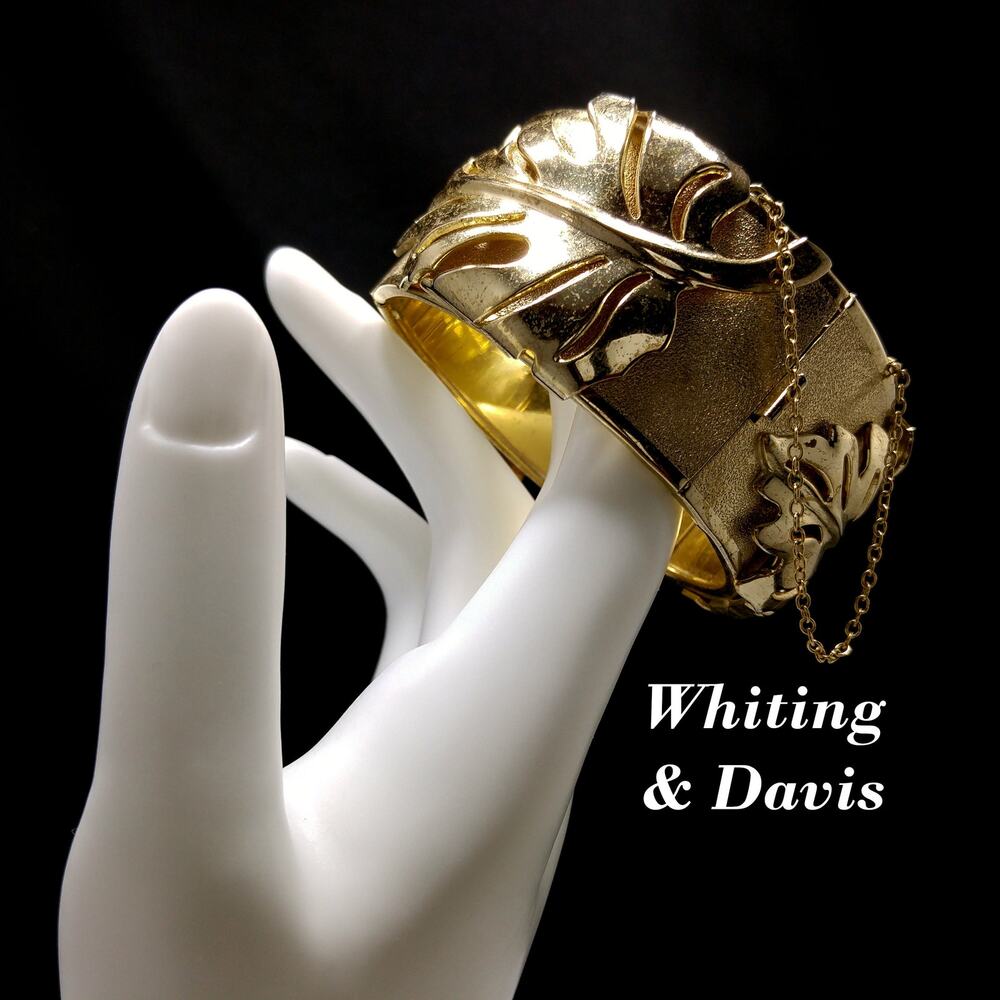 Whiting & Davis Gold Plated Leaf Bracelet, Hinged Wide Clamper, 1950s Vintage
